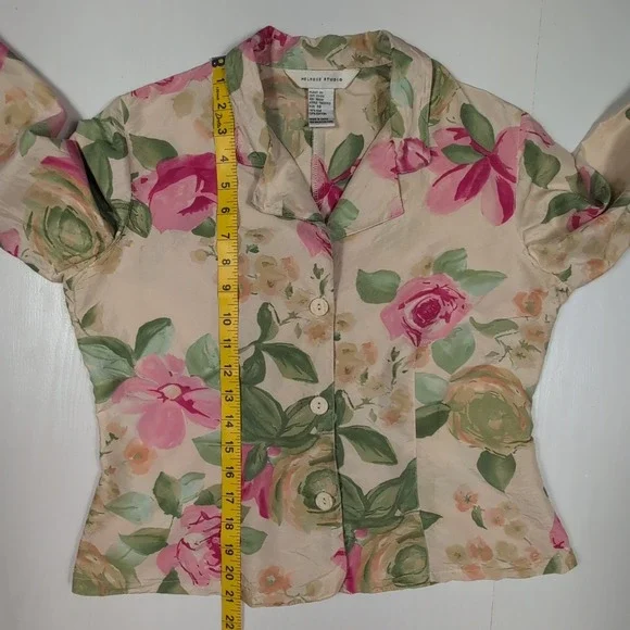Vintage Melrose Studio Silk Cotton Floral Blazer Jacket Pink Green Rose Size 8 - Picture 6 of 10